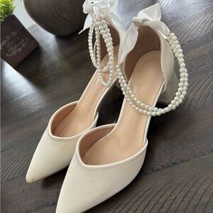 SHEIN Cream Heels with Pearl Ankle Strap